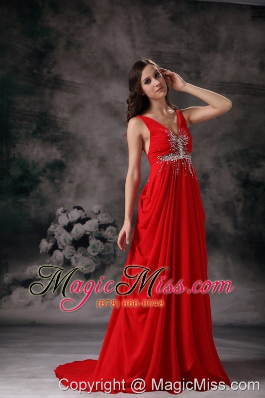 wholesale pretty red evening dress a-line v-neck chiffon beading brush train