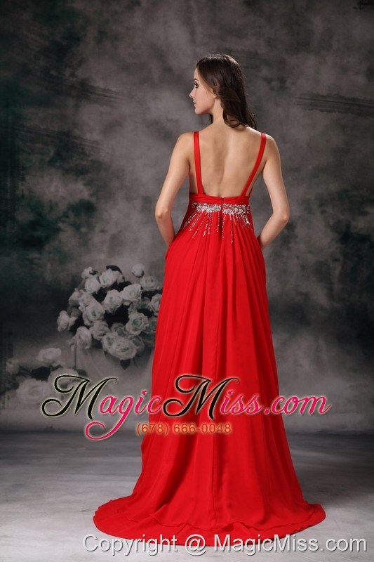 wholesale pretty red evening dress a-line v-neck chiffon beading brush train