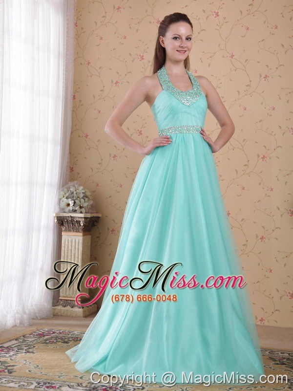 wholesale popular light blue empire halter floor-length tulle beading prom dress