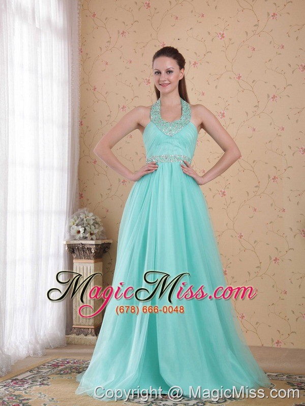 wholesale popular light blue empire halter floor-length tulle beading prom dress