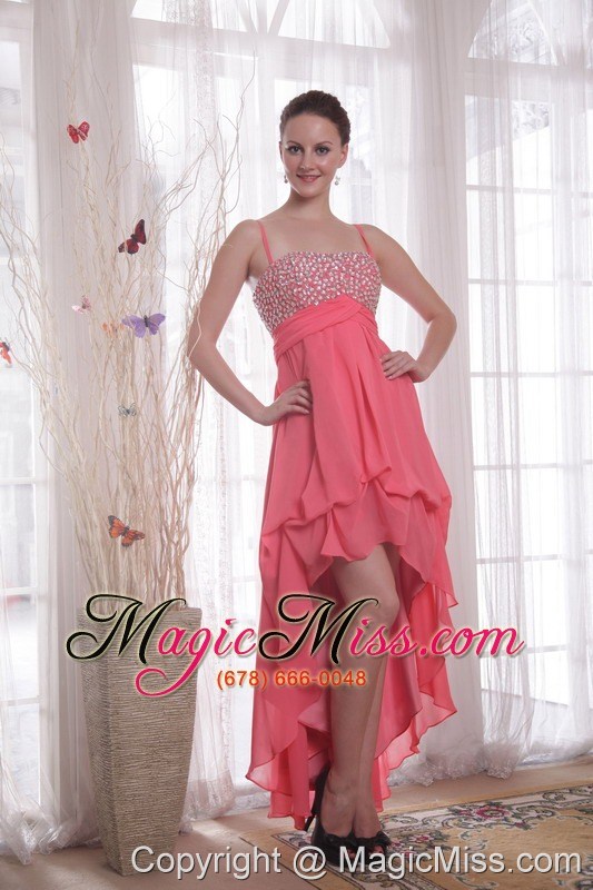 wholesale watermelon empire straps high-low chiffon beading prom dress