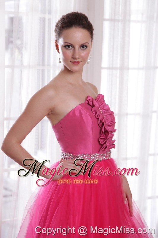 wholesale hot pink a-line/princess strapless floor-length tulle beading prom dress
