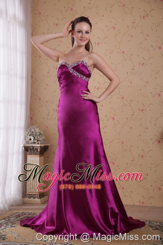 wholesale fuchsia column / sheath sweetheart brush / sweep elastic woven satin beading and pleat prom dress