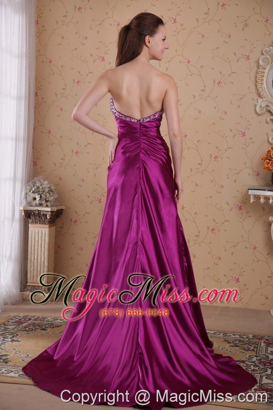 wholesale fuchsia column / sheath sweetheart brush / sweep elastic woven satin beading and pleat prom dress