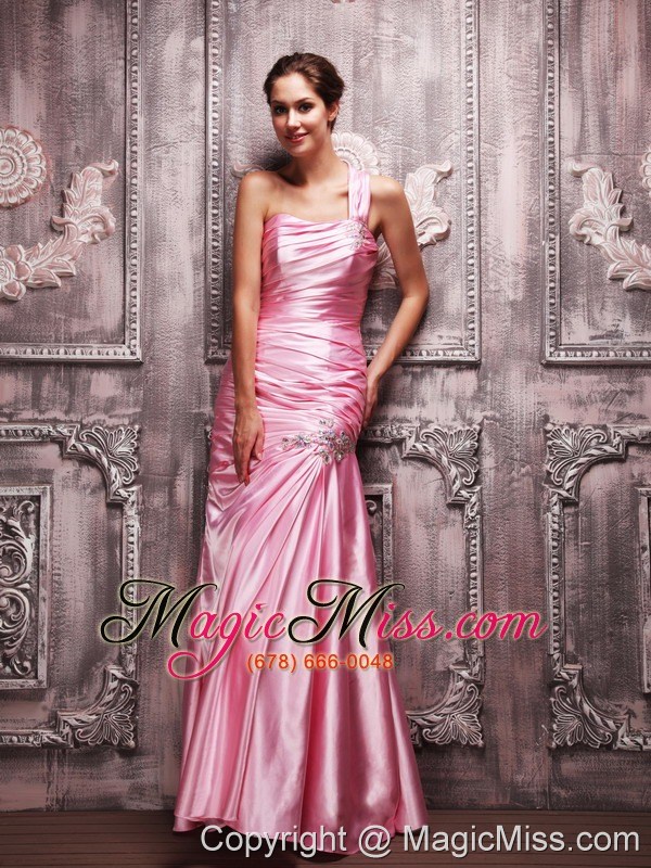 wholesale rose pink column one shoulder floor-length taffeta beading and ruch prom dress