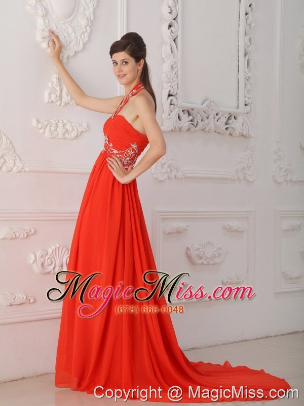 wholesale red empire halter court train chiffon beading red prom / evening dress