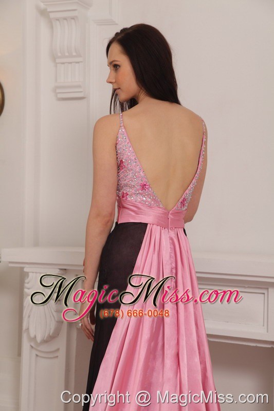 wholesale pink and black column straps brush train elastic woven satin beading prom dress