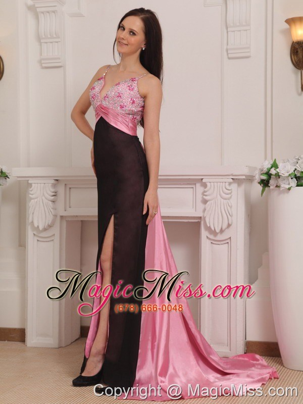 wholesale pink and black column straps brush train elastic woven satin beading prom dress