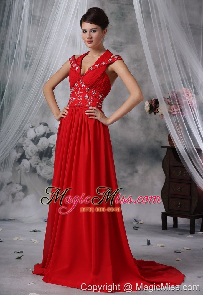 wholesale iowa city iowa v-neck beaded decorate wasit ruched decorate bust brush train red chiffon for 2013 prom / evening dress