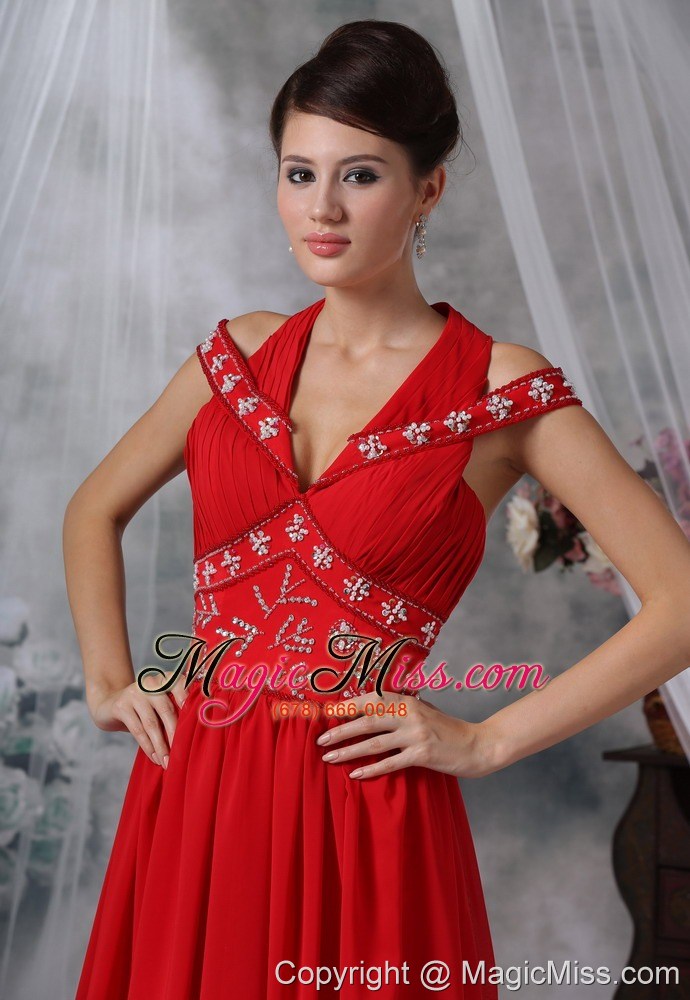wholesale iowa city iowa v-neck beaded decorate wasit ruched decorate bust brush train red chiffon for 2013 prom / evening dress
