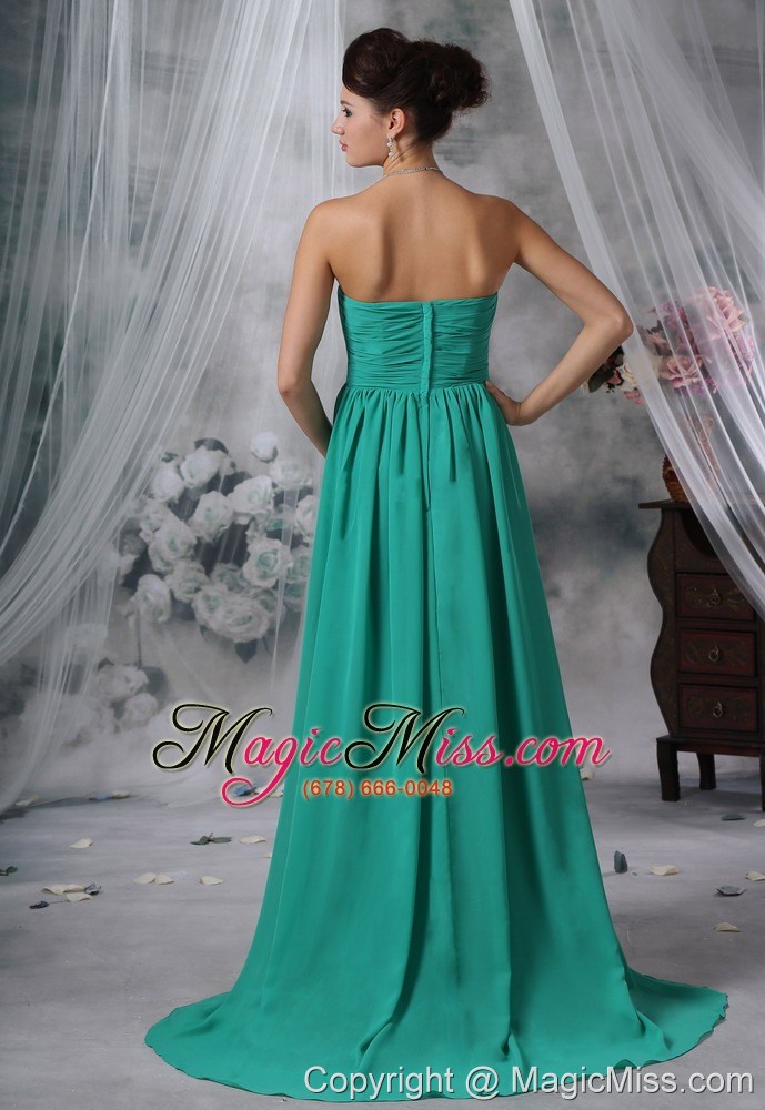 wholesale iowa falls iowa ruched decorate bodice brush train turquoise blue chiffon strapless plus size prom / evening dress for 2013