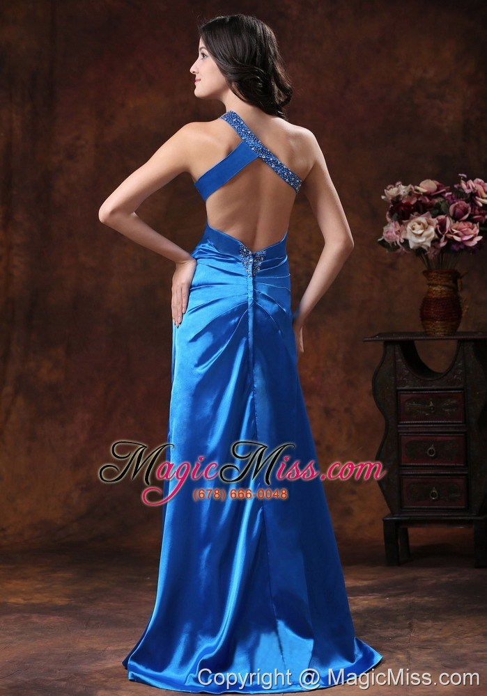 wholesale tempe arizona sky blue high slit one shoulder prom dress with beaded decorate waist on elastic woven satin