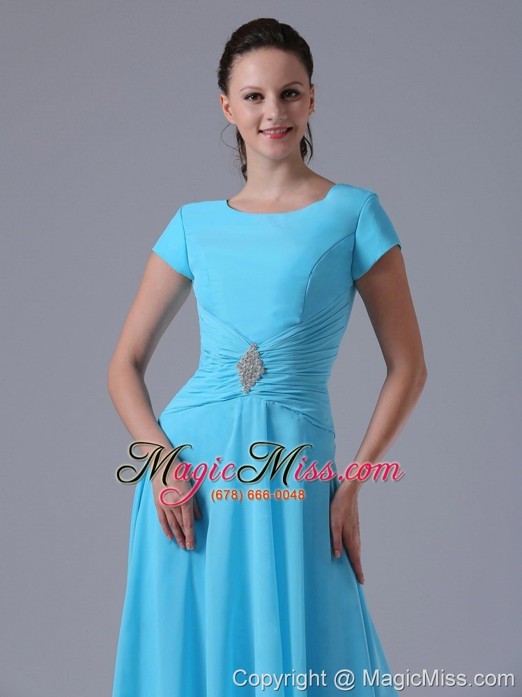 wholesale aqua blue scoop prom dress with beading and ruch in maryland