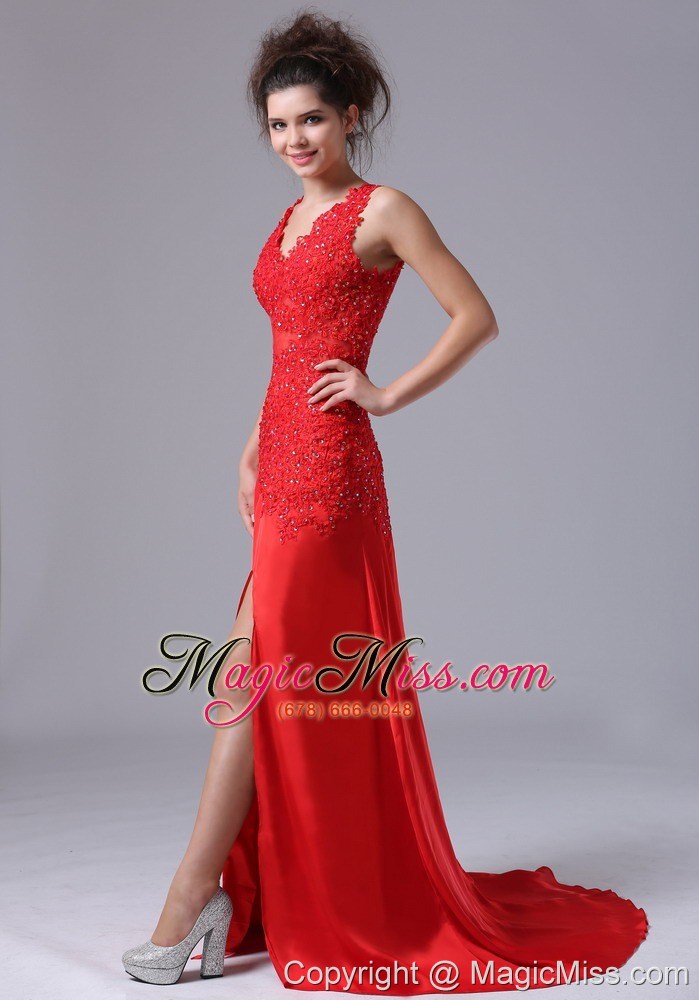 wholesale chiffon beading brush/sweep v-neck red 2013 prom celebrity dress