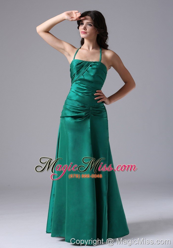 wholesale halter dark green ruched bodice for prom / evening dress with floor-length taffeta