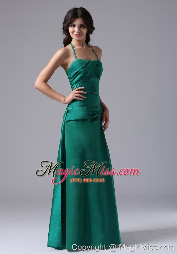 wholesale halter dark green ruched bodice for prom / evening dress with floor-length taffeta