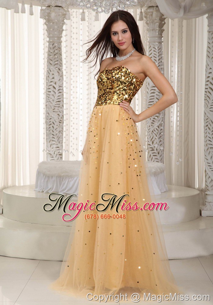 wholesale gold empire sweetheart brush train tulle sequins prom dress