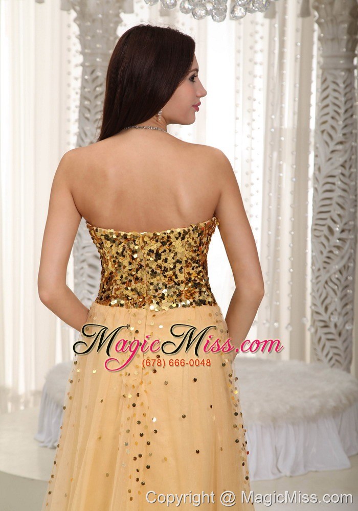 wholesale gold empire sweetheart brush train tulle sequins prom dress
