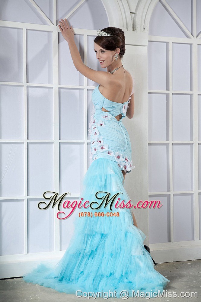 wholesale light blue column one shoulder high-low tulle and chiffon beading and hand made flowers prom dress