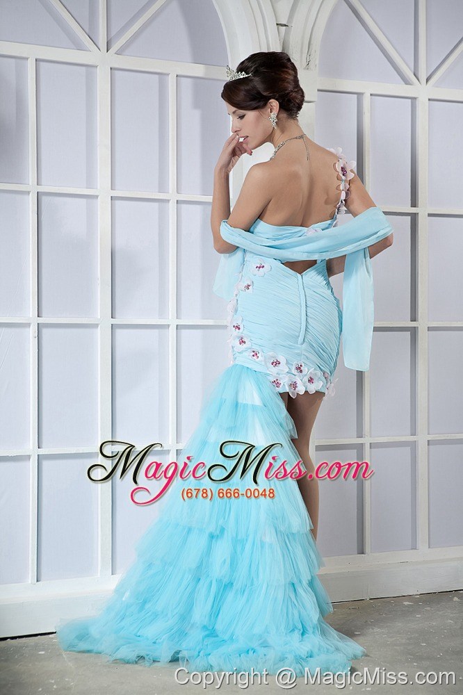 wholesale light blue column one shoulder high-low tulle and chiffon beading and hand made flowers prom dress