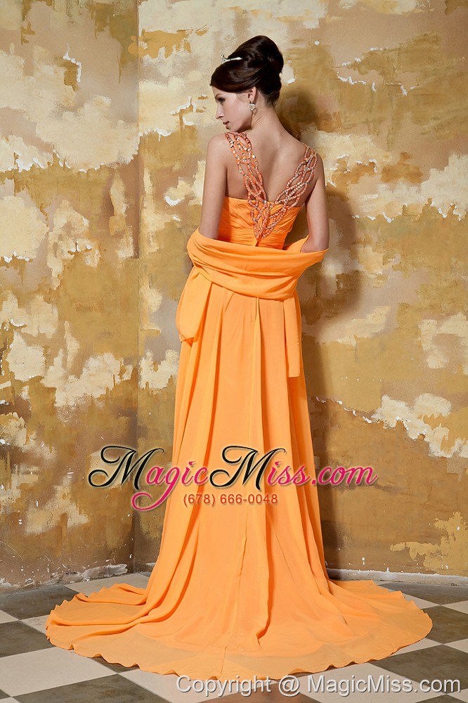 wholesale orange column v-neck brush train chiffon beading prom dress