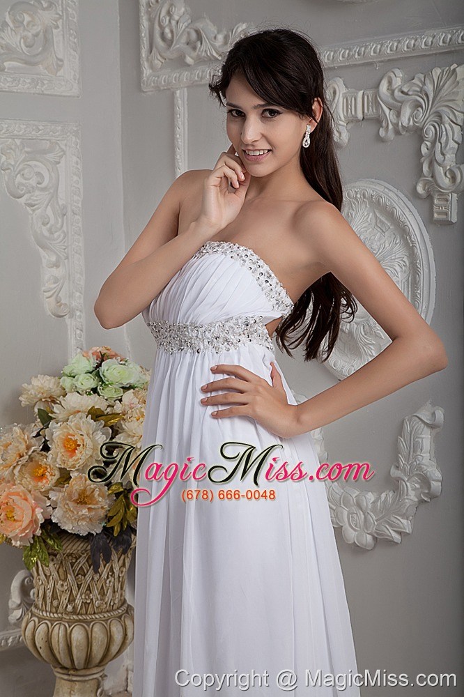 wholesale pretty white prom dress column strapless chiffon beading brush train