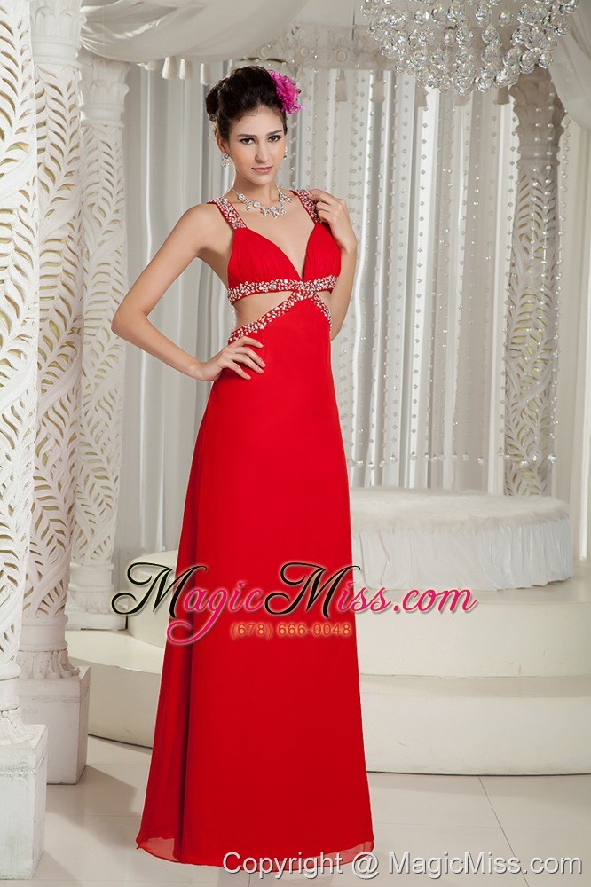 wholesale new red empire evening dress straps chiffon beading floor-length