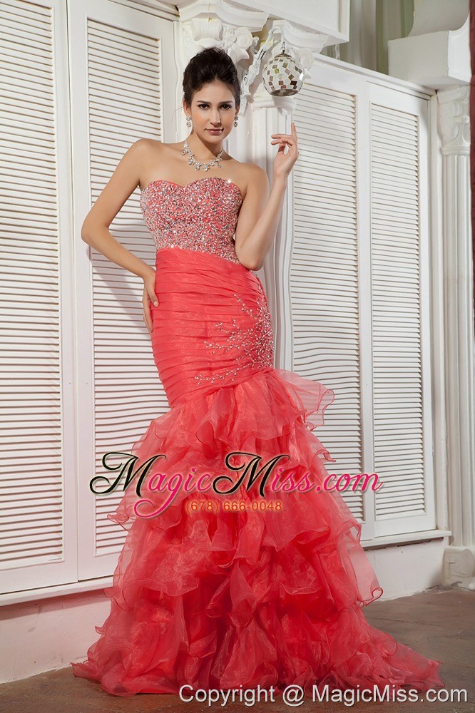 wholesale unique coral red mermaid prom / evening dress sweetheart beading brush train organza