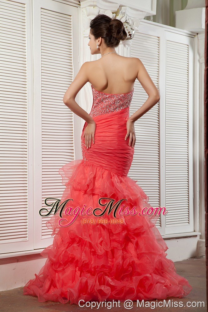 wholesale unique coral red mermaid prom / evening dress sweetheart beading brush train organza