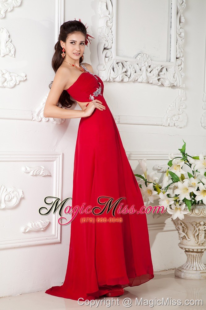 wholesale customize red empire one shoulder prom / evening dress chiffon appliques brush train