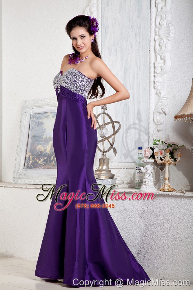 wholesale floor-length purple mermaid sweetheart evening dress satin beading floor-length