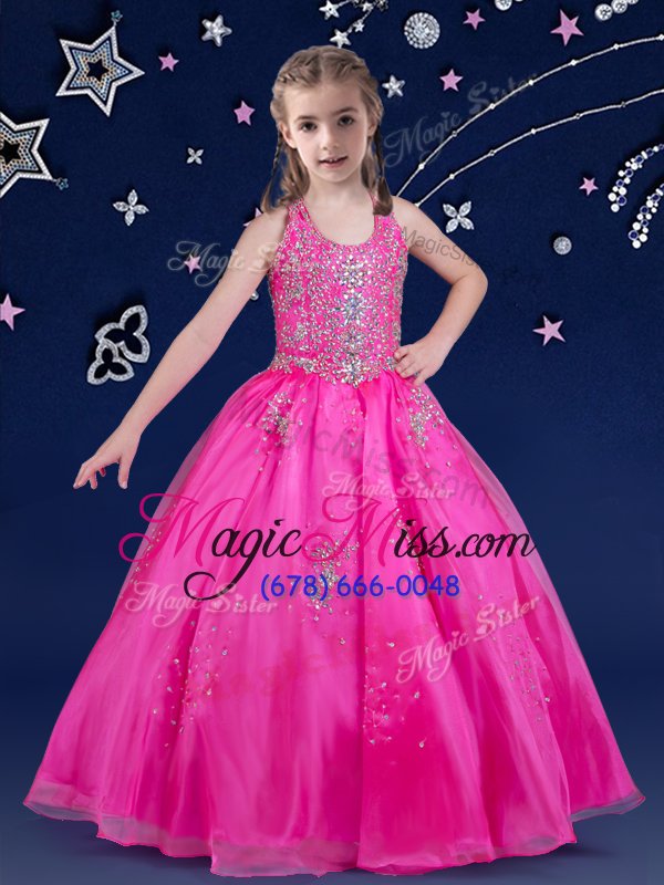 wholesale hot selling fuchsia scoop zipper beading child pageant dress sleeveless