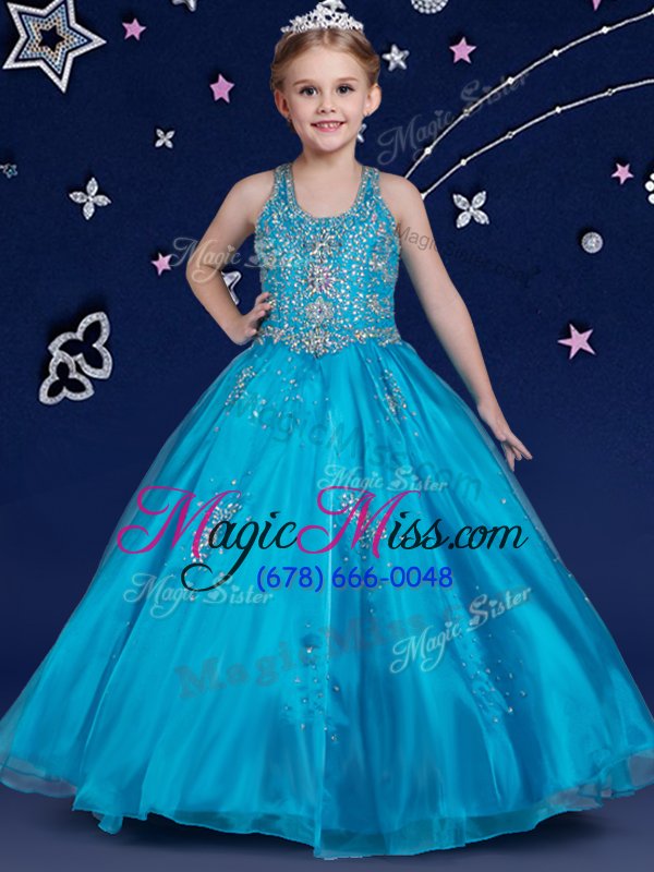 wholesale hot selling blue ball gowns organza scoop sleeveless beading floor length zipper pageant gowns for girls