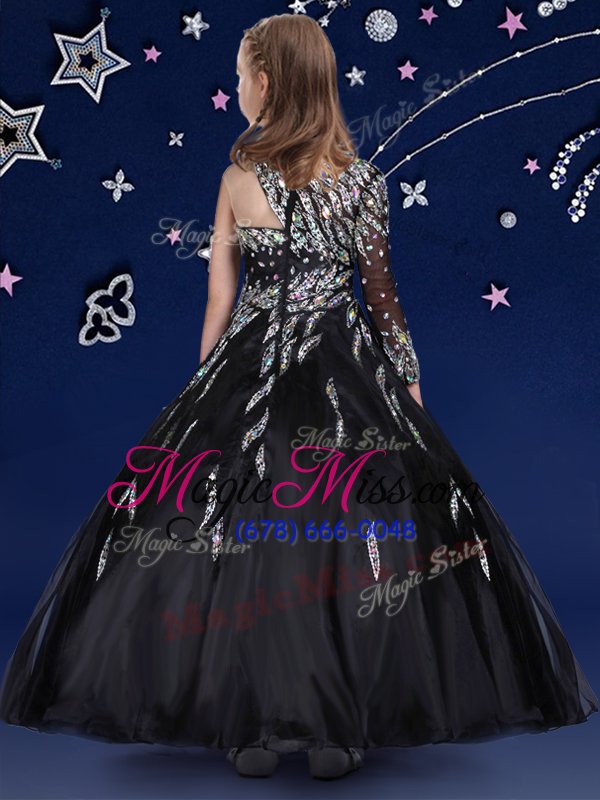 wholesale customized black zipper little girl pageant gowns beading and ruffles sleeveless floor length