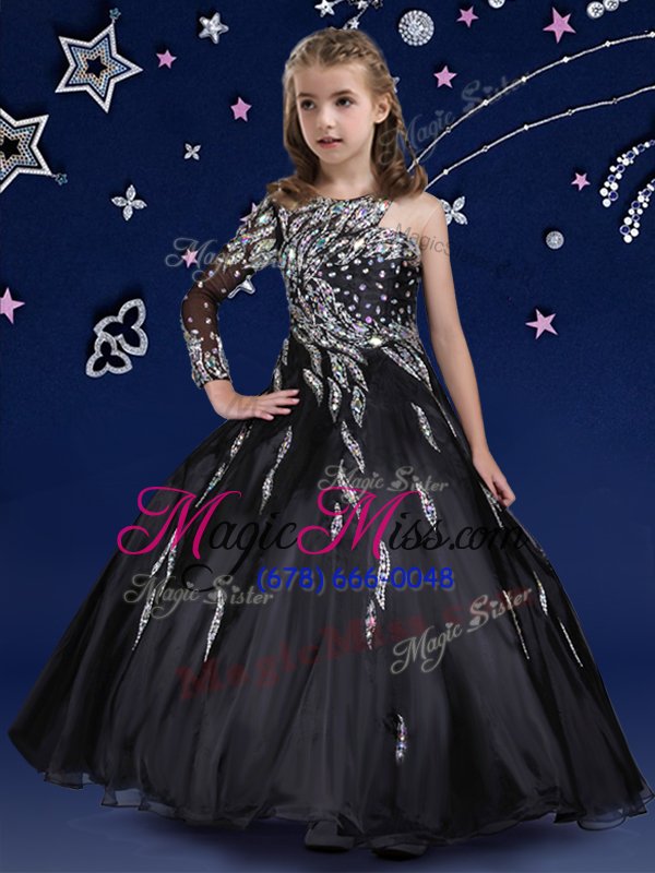 wholesale customized black zipper little girl pageant gowns beading and ruffles sleeveless floor length