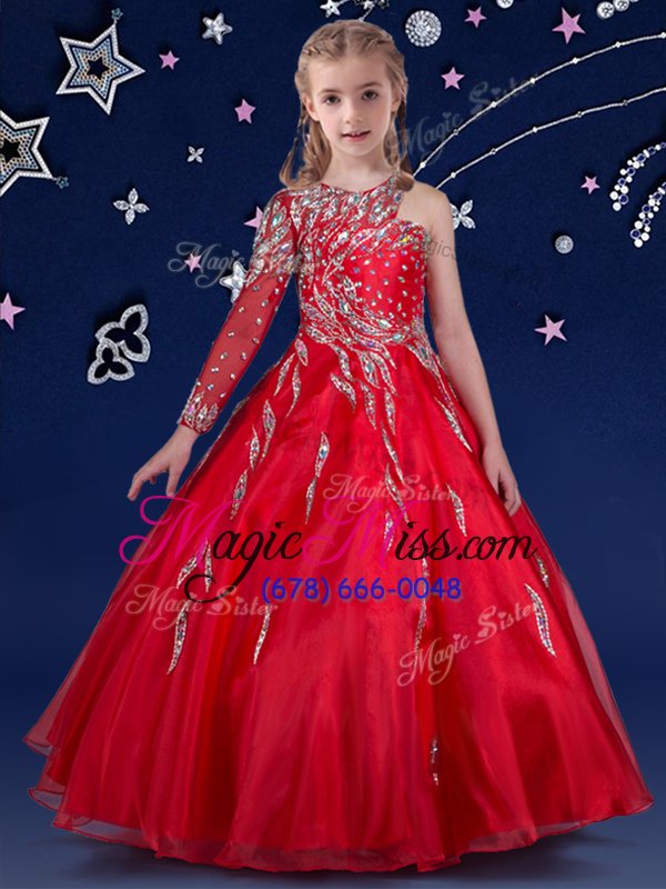 wholesale superior asymmetric sleeveless zipper little girls pageant dress red organza