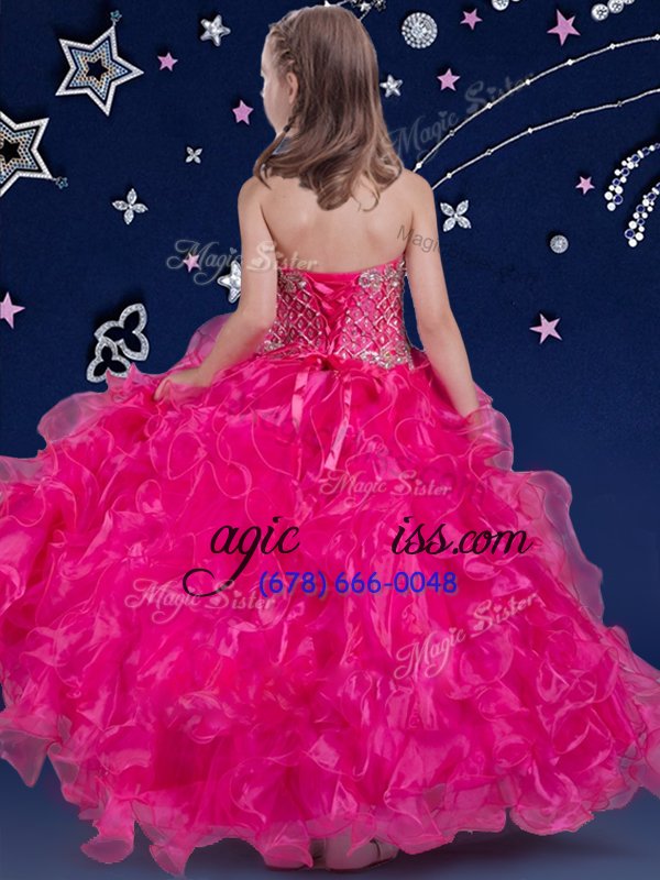wholesale low price halter top fuchsia organza lace up little girls pageant dress wholesale sleeveless floor length beading and ruffles