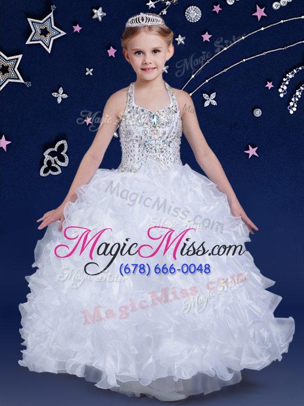 wholesale admirable halter top white ball gowns beading and ruffles little girl pageant gowns lace up organza sleeveless floor length