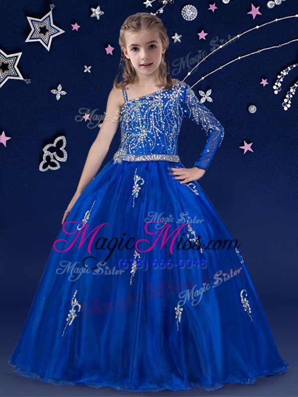 wholesale super ball gowns little girls pageant gowns royal blue bateau organza sleeveless floor length zipper