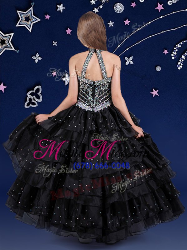 wholesale modern halter top beading and ruffled layers little girls pageant dress wholesale black zipper sleeveless floor length