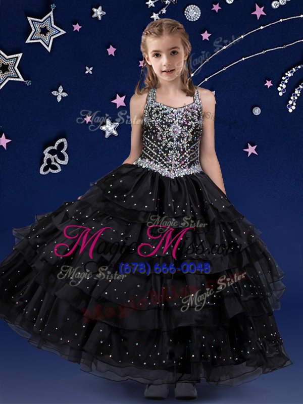 wholesale modern halter top beading and ruffled layers little girls pageant dress wholesale black zipper sleeveless floor length