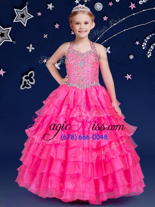 wholesale elegant halter top sleeveless little girl pageant gowns floor length beading and ruffled layers hot pink organza