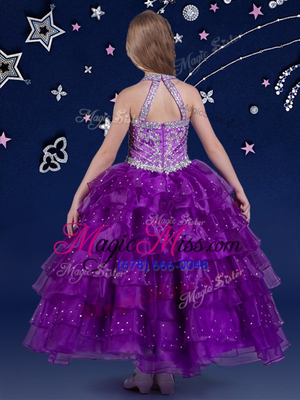 wholesale most popular halter top eggplant purple sleeveless beading and ruffled layers floor length little girls pageant dress wholesale