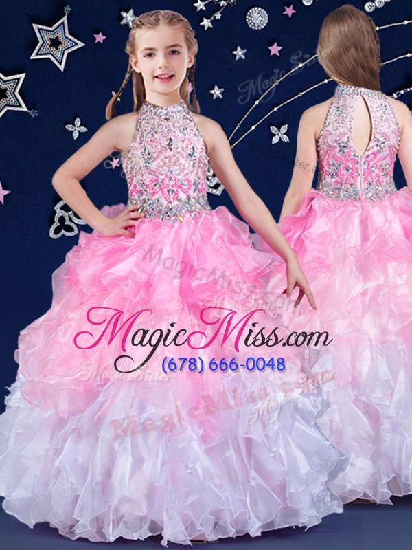 wholesale modern white and pink and white ball gowns organza halter top sleeveless beading and ruffles floor length zipper little girl pageant gowns