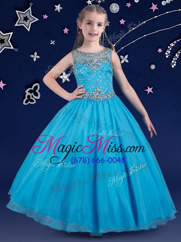 wholesale scoop beading little girl pageant gowns baby blue zipper sleeveless floor length