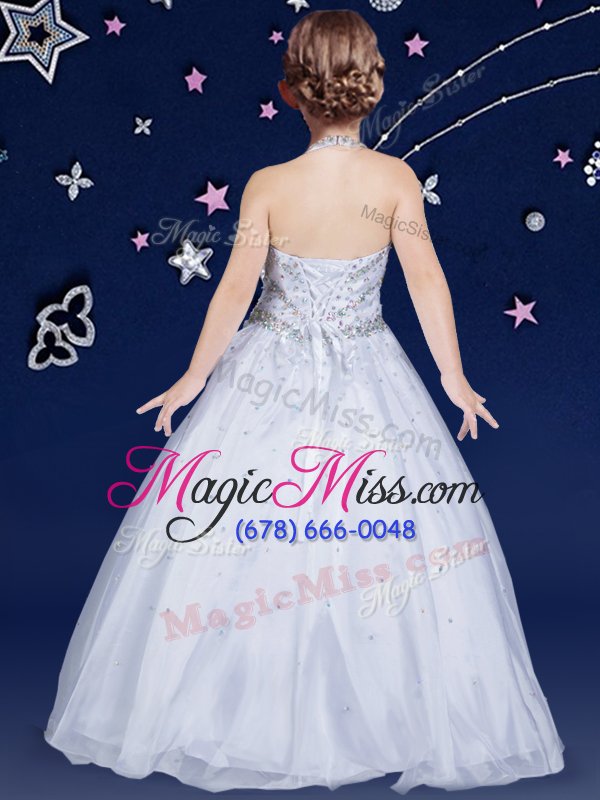 wholesale hot sale white halter top lace up beading toddler flower girl dress sleeveless