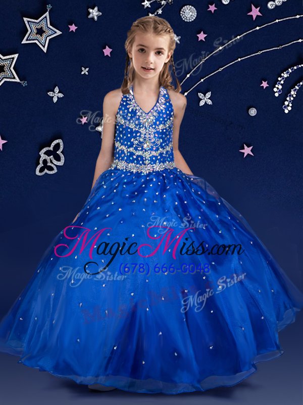 wholesale modern halter top royal blue organza lace up little girls pageant gowns sleeveless floor length beading