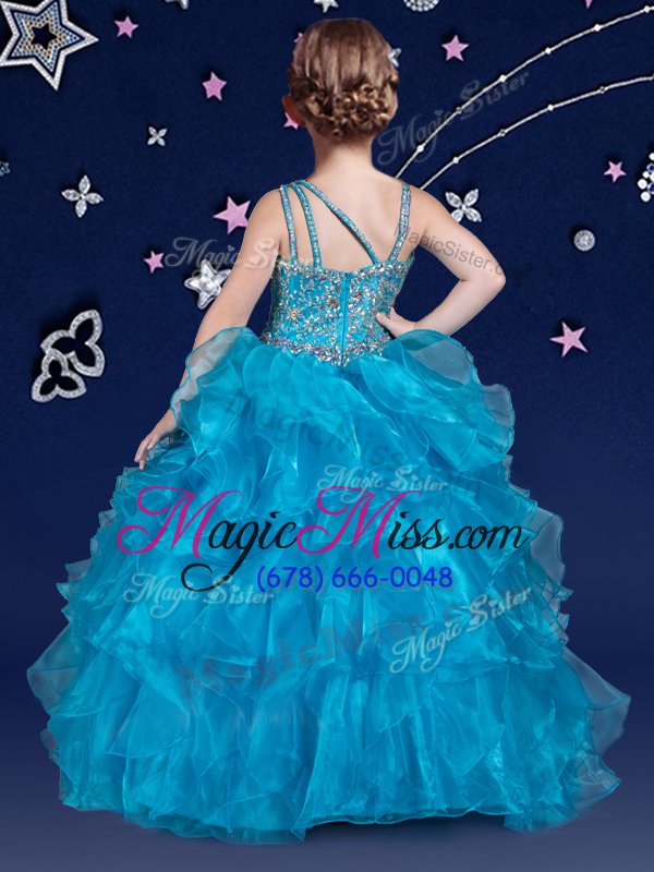 wholesale high class rose pink ball gowns asymmetric sleeveless organza floor length zipper beading and ruffles child pageant dress