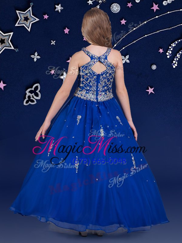 wholesale scoop royal blue organza zipper little girls pageant dress wholesale sleeveless floor length beading