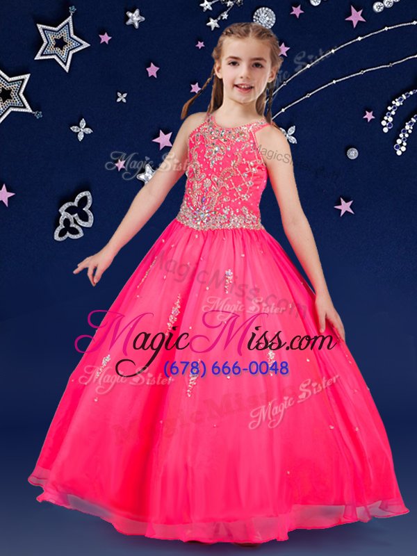 wholesale on sale hot pink scoop neckline beading kids pageant dress sleeveless zipper